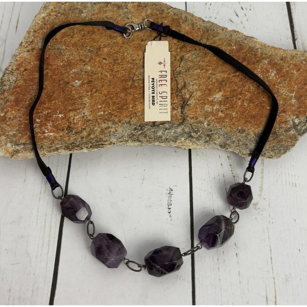 Peyote Bird Sterling‎ Silver Amethyst Leather Necklace J007